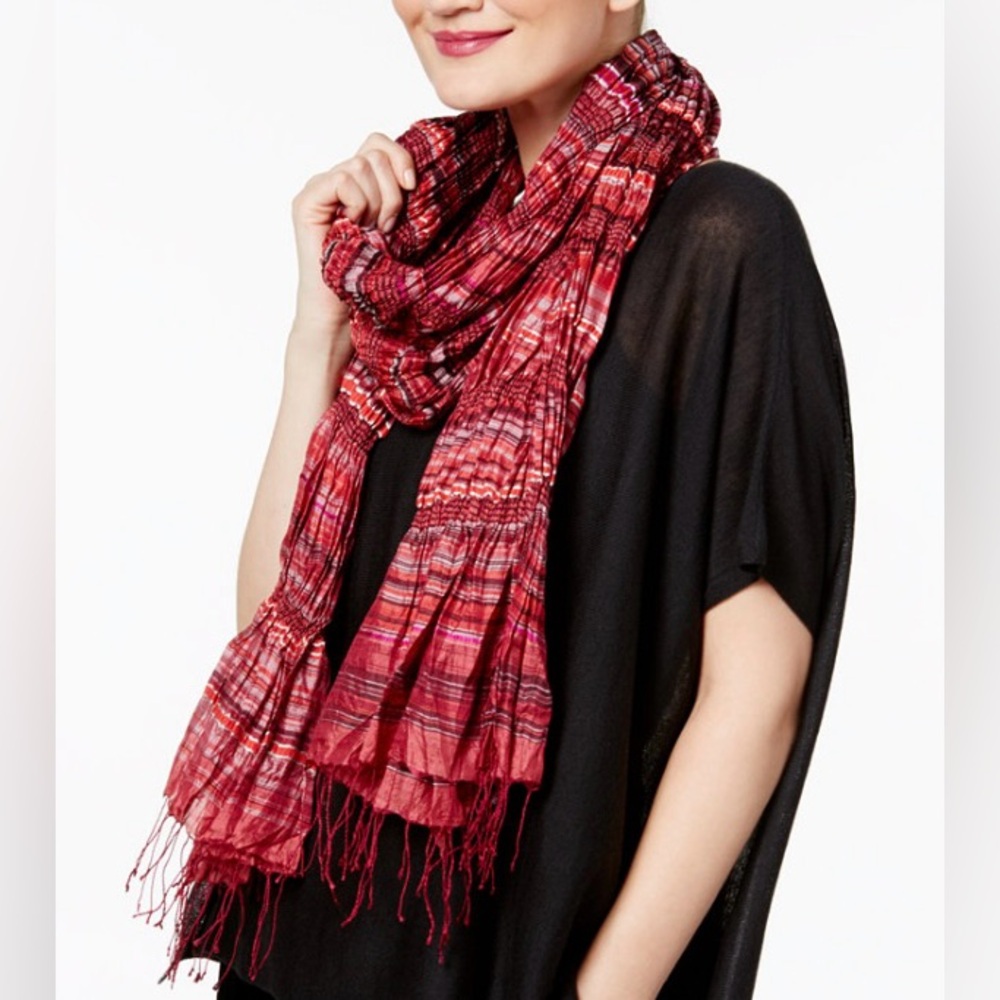 EILEEN FISHER Puckered Ruched Silk Blend Cotton Wrap Scarf Red